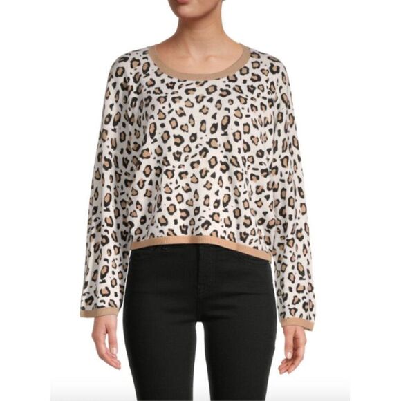 Brodie ivory tan black leopard animal print cashmere boxy oversized sweater - Picture 1 of 6